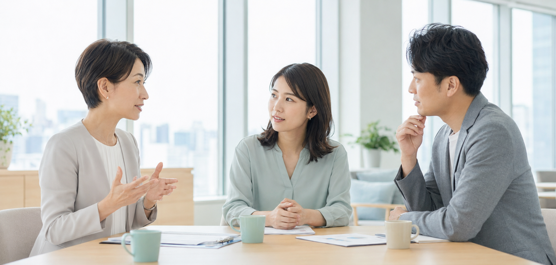 明るいオフィスでキャリアについて対話する様子