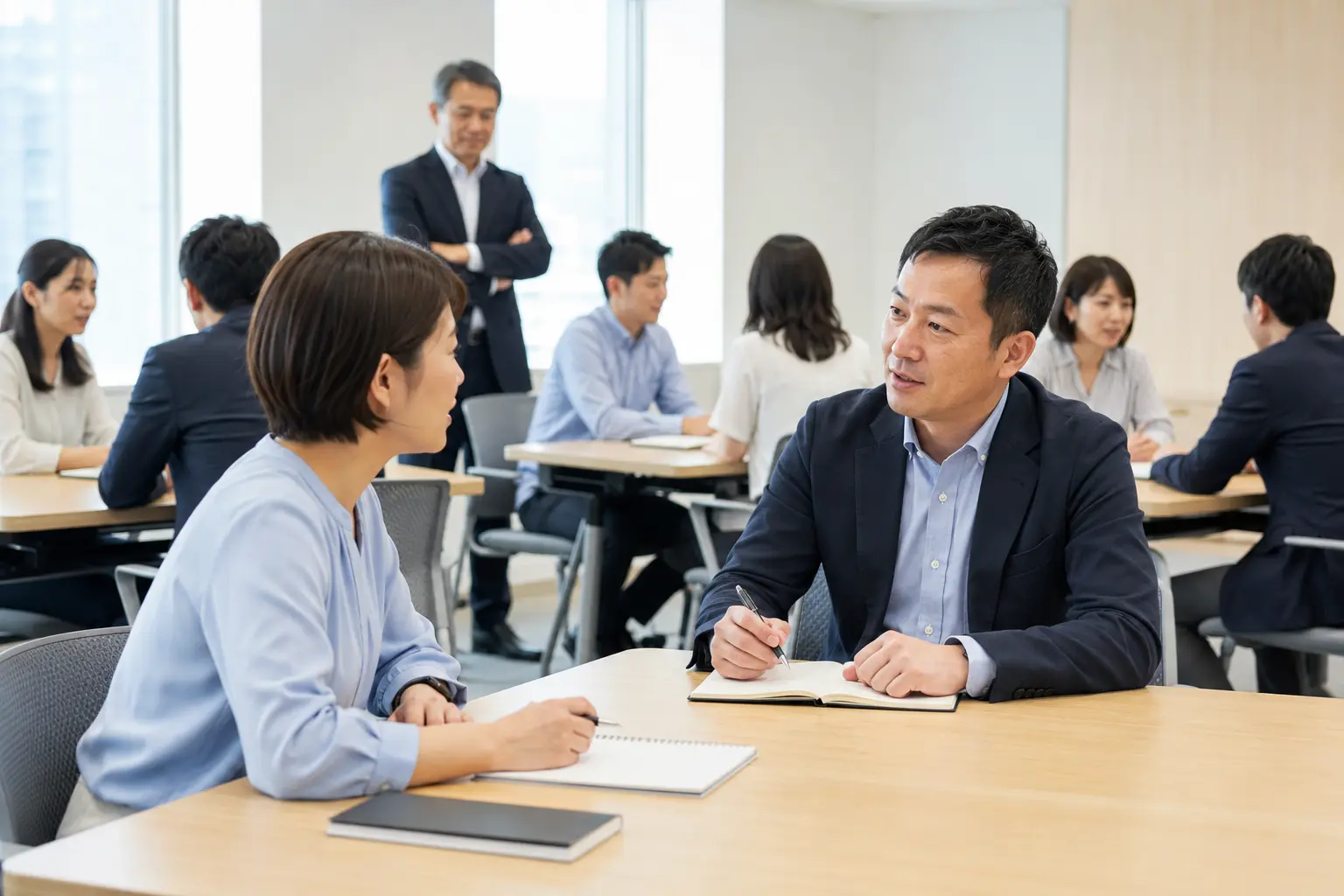 企業研修で複数の管理職がペアになり1on1面談を練習する様子